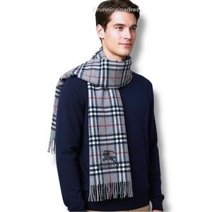 Vintage Burberry Nova Check Blanket Scarf Equestrian Knight Logo Grey Navy Blue